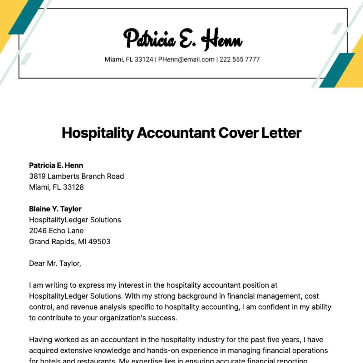 Hospitality Accountant Cover Letter Template