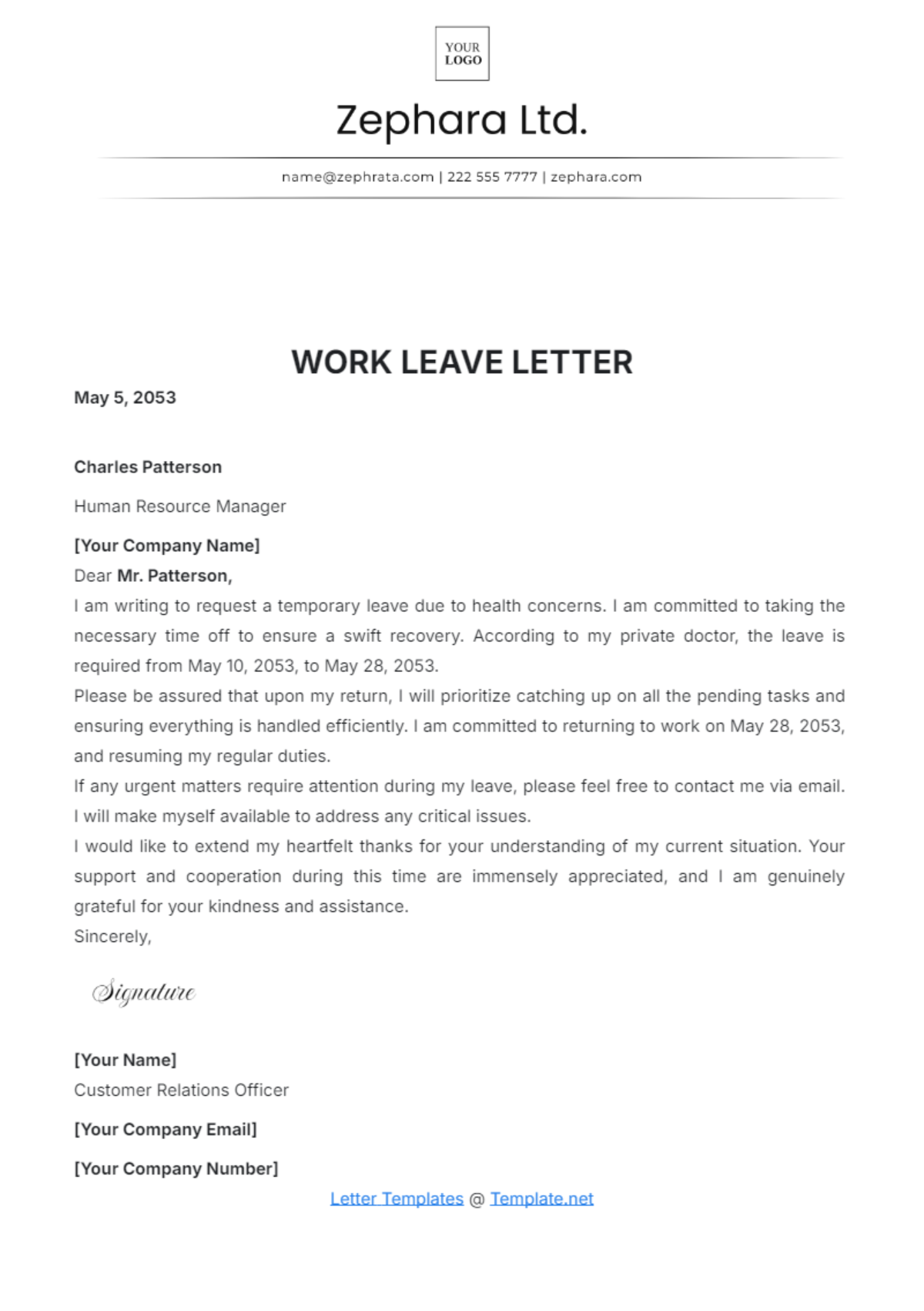 Work Leave Letter Template - Edit Online & Download