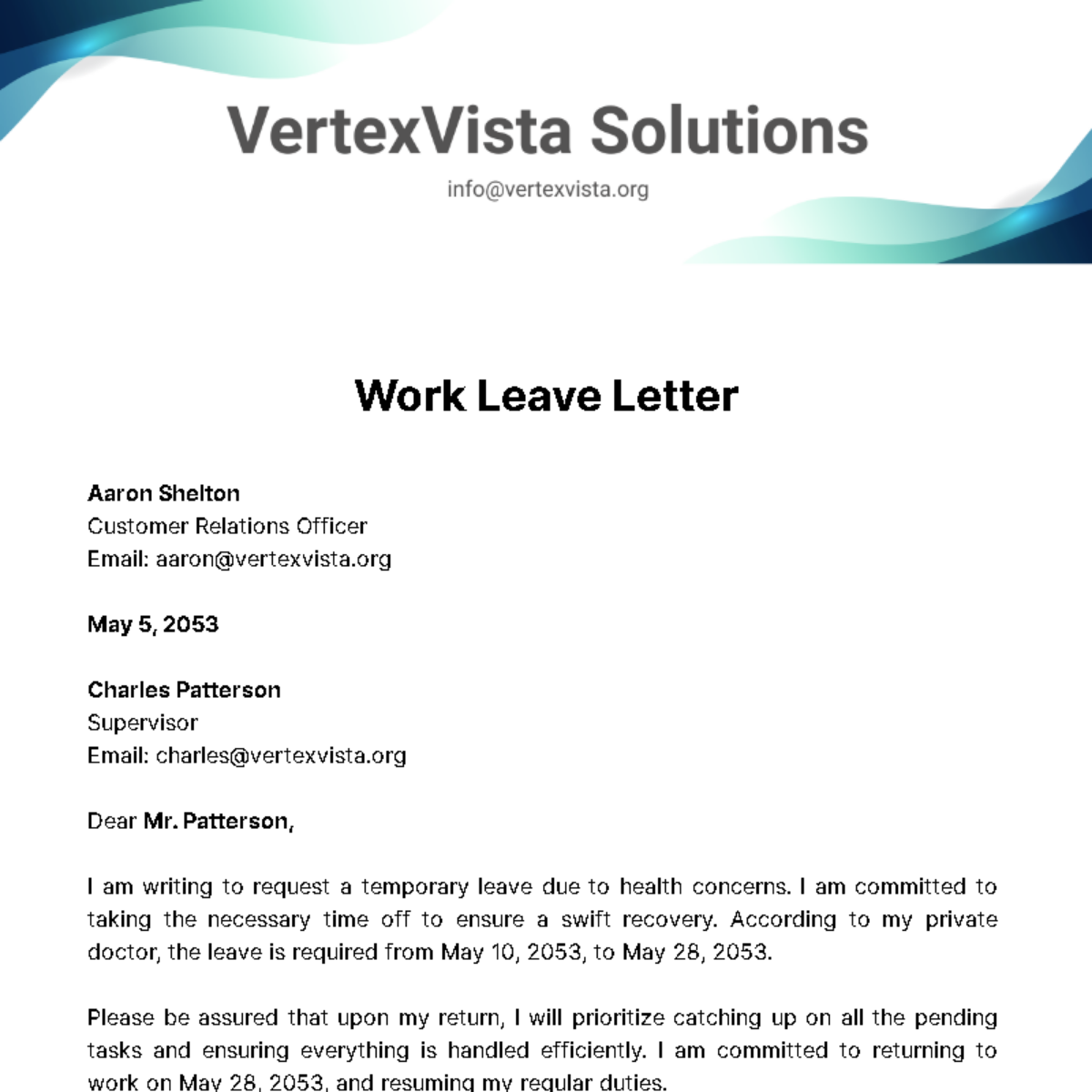 Work Leave Letter Template
