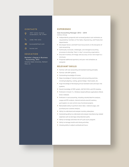 Cost Accounting Manager Resume Template