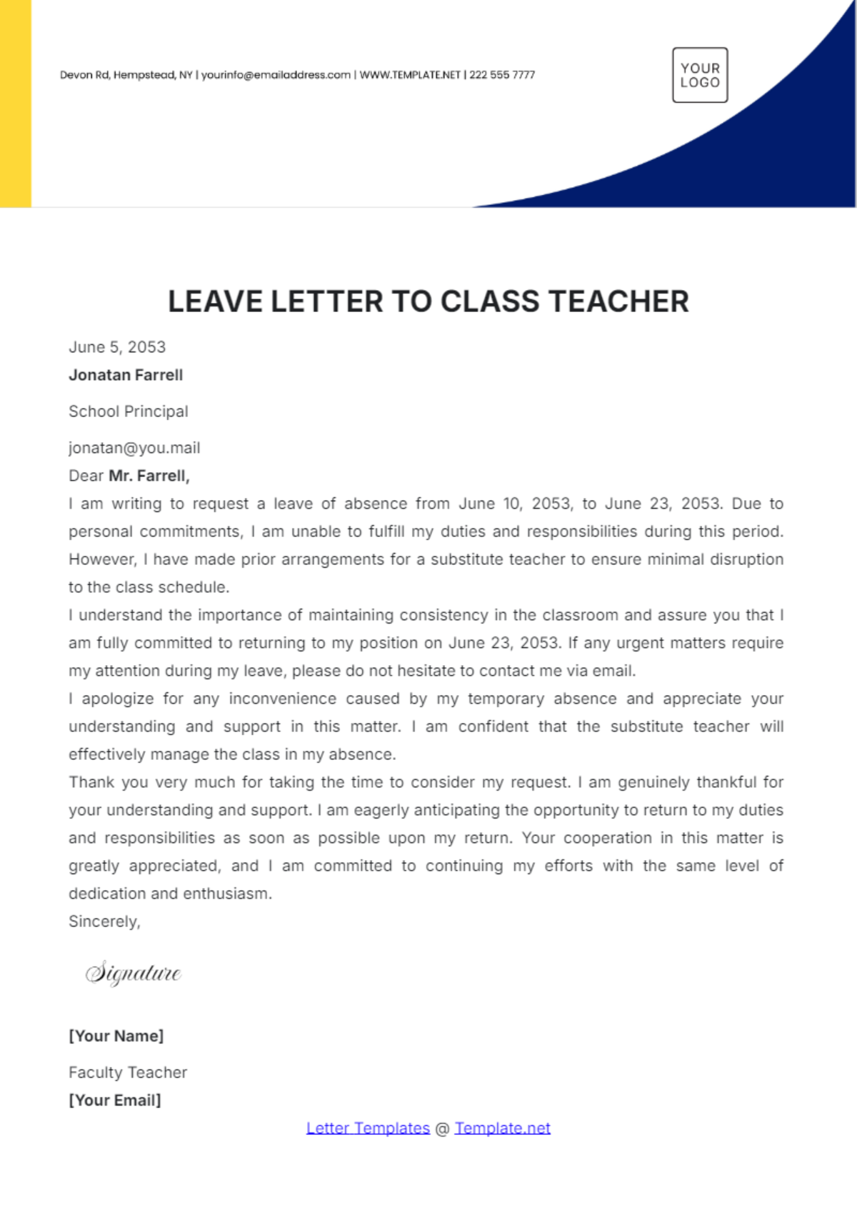 Leave Letter to Class Teacher Template