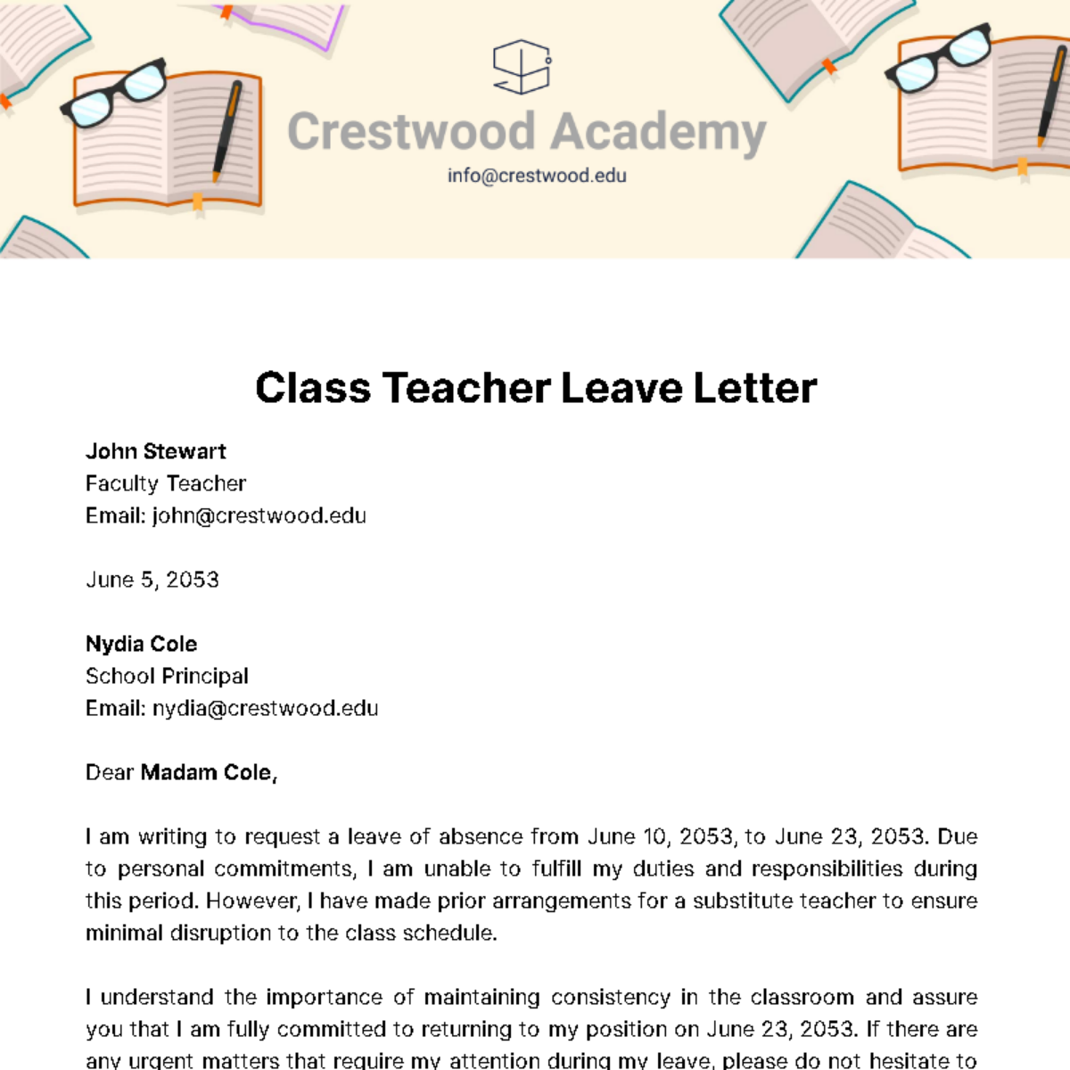 Class Teacher Leave Letter Template