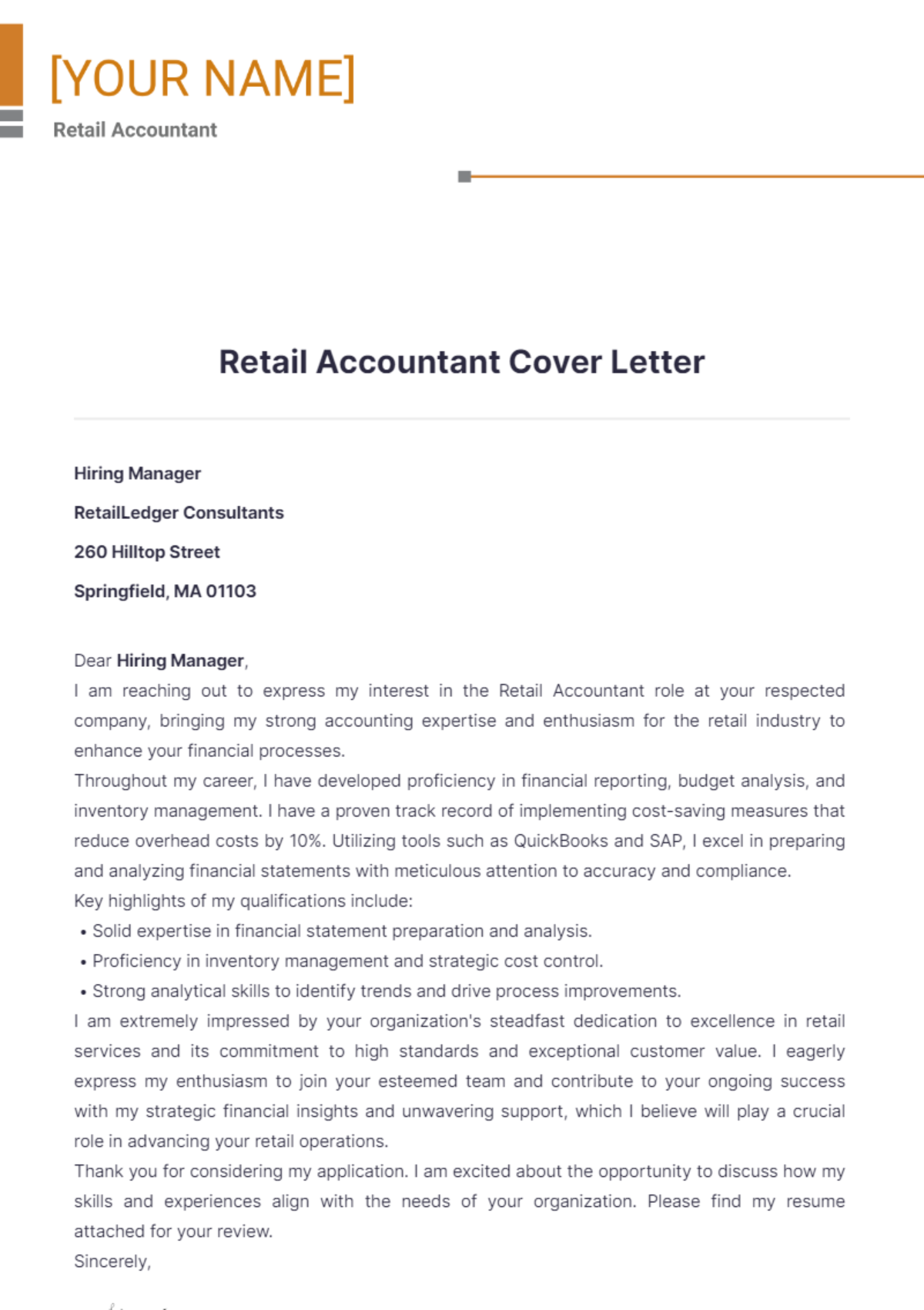 Retail Accountant Cover Letter - Edit Online & Download