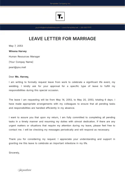 Free Leave Letter for Marriage Template to Edit Online