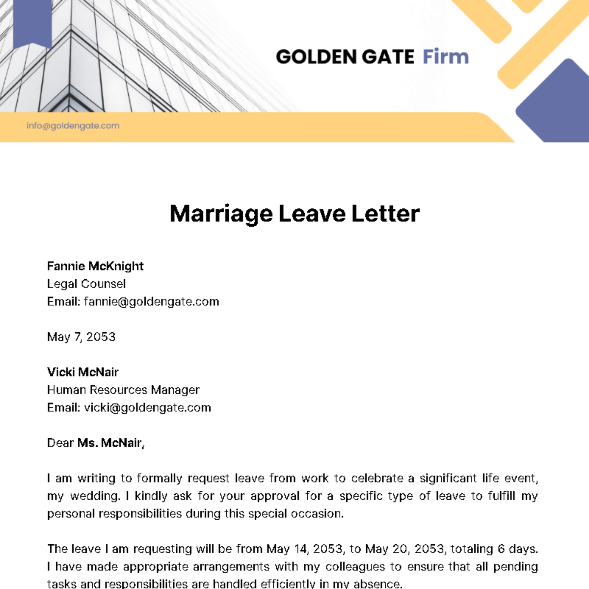 Marriage Leave Letter Template