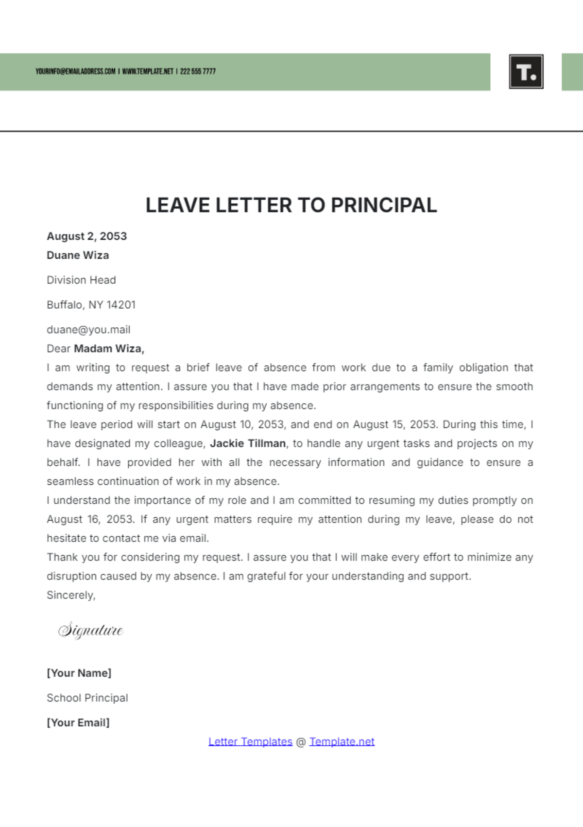 Leave Letter to Principal Template