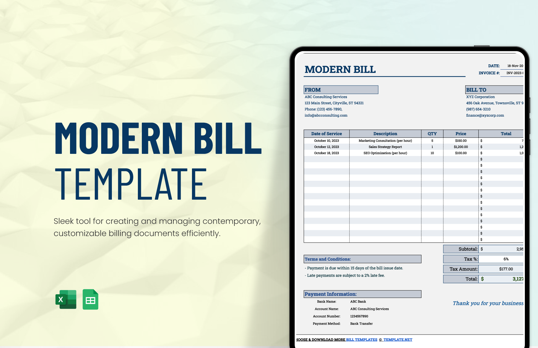 Free Modern Bill Template in Excel, Google Sheets