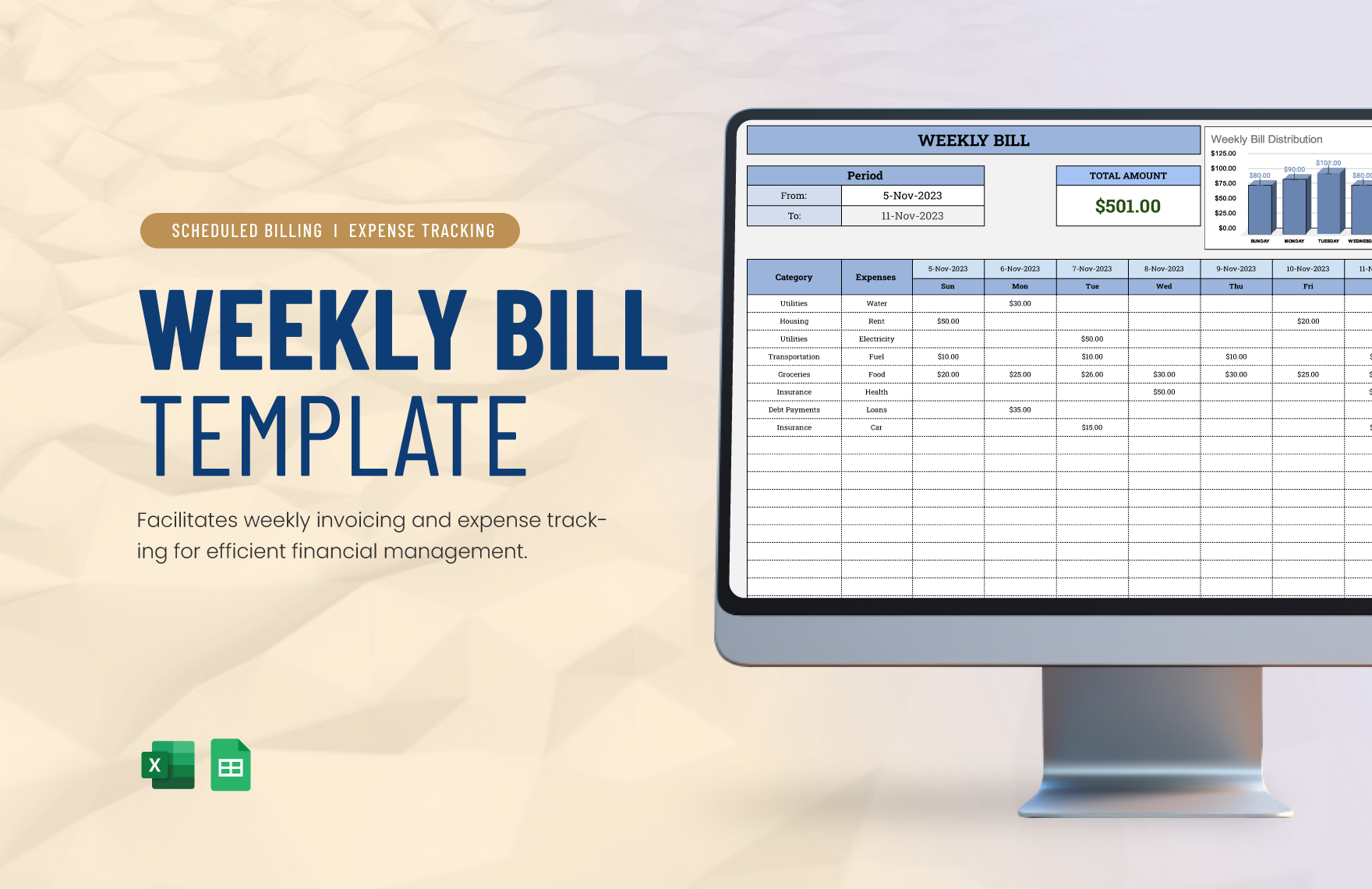 Weekly Bill Template in Excel, Google Sheets
