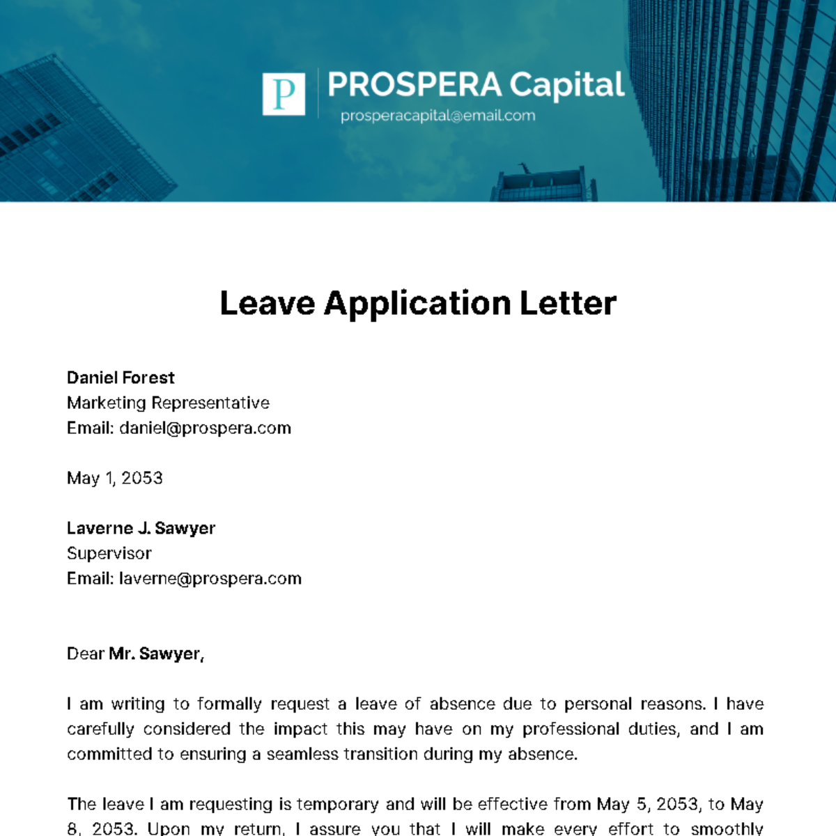 Leave Application Letter Template