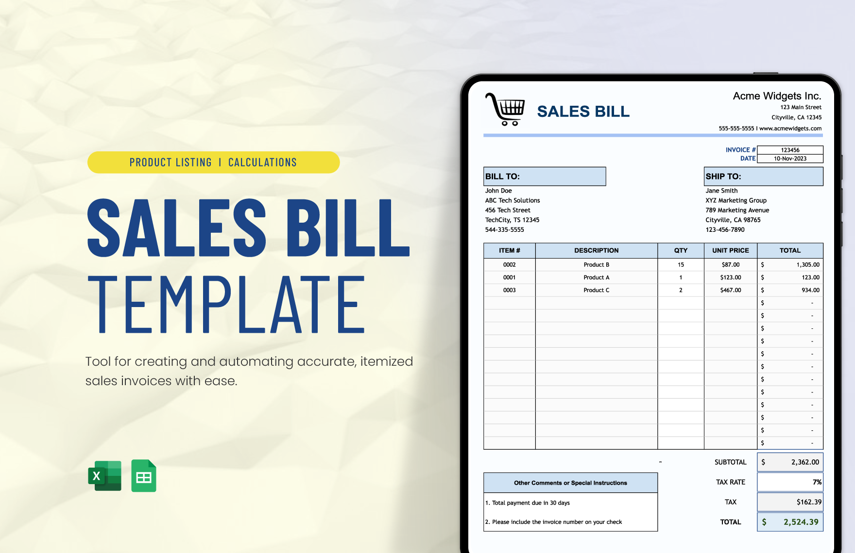 Sales Bill Template in Excel, Google Sheets