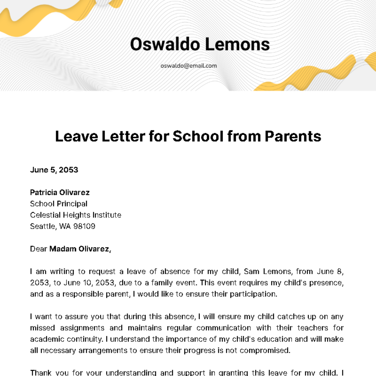 Leave Letter for School from Parents Template