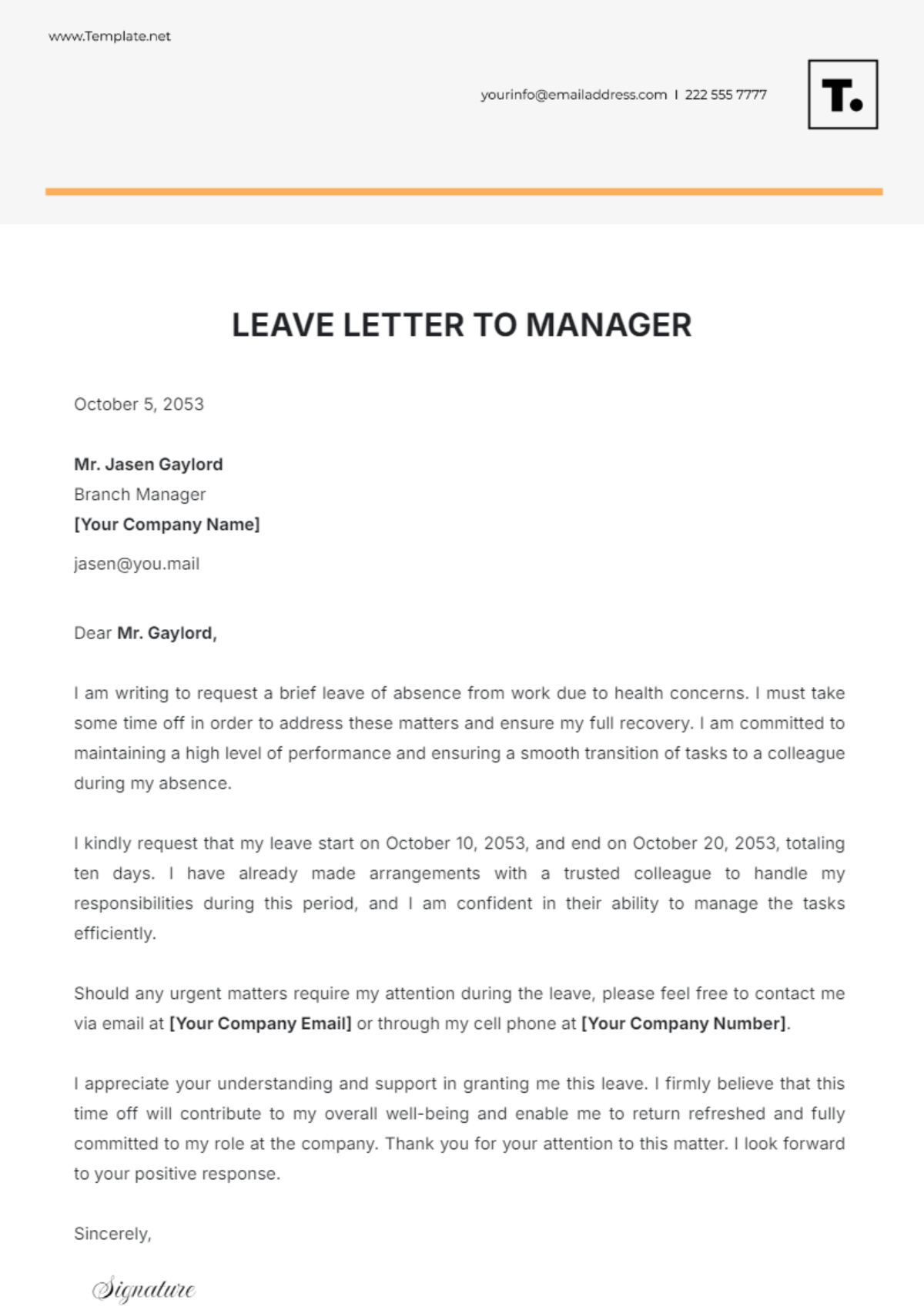 Leave Letter to Manager Template