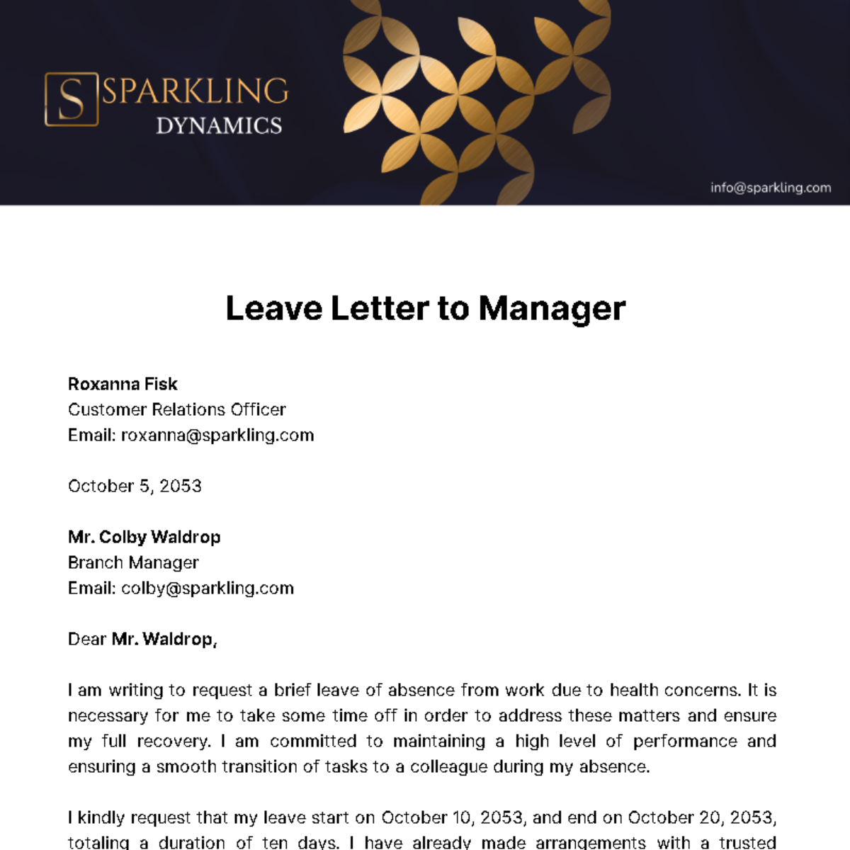 Leave Letter to Manager Template