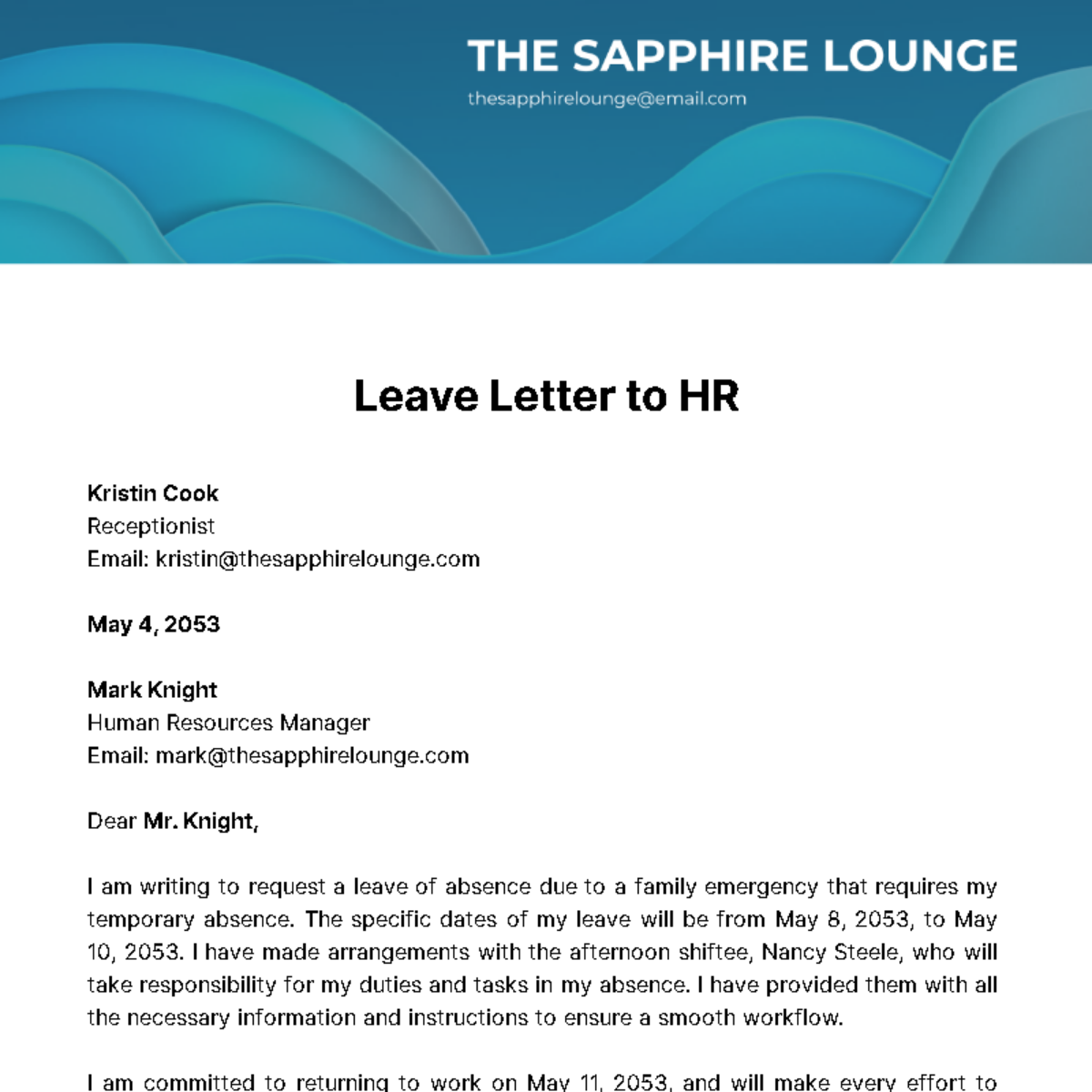 Leave Letter to HR Template