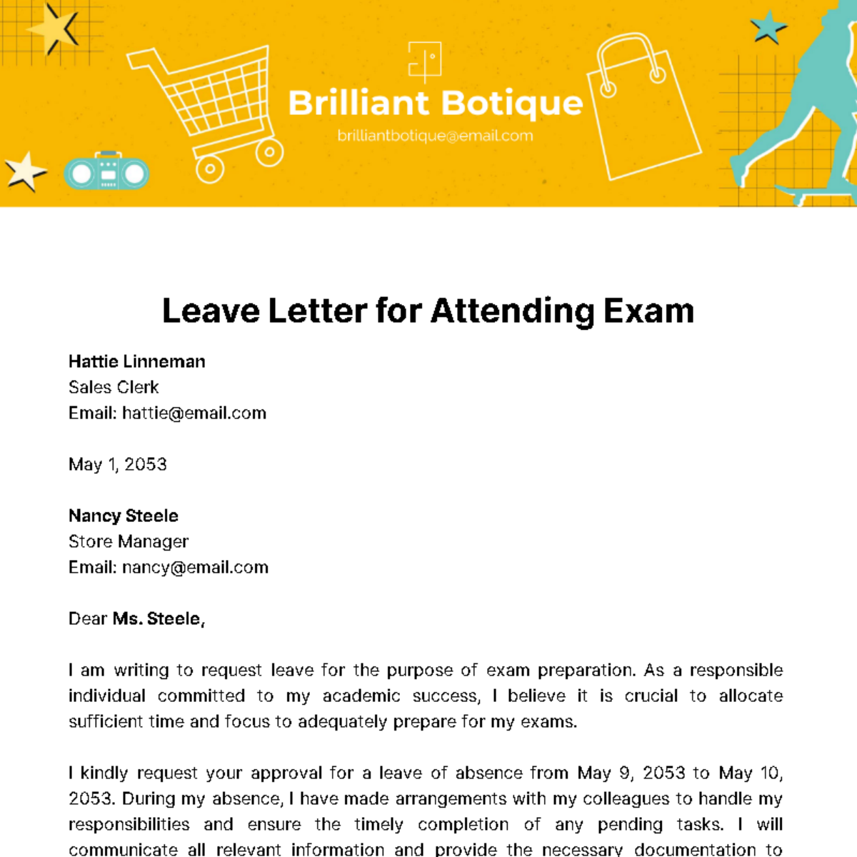 Leave Letter for Attending Exam Template