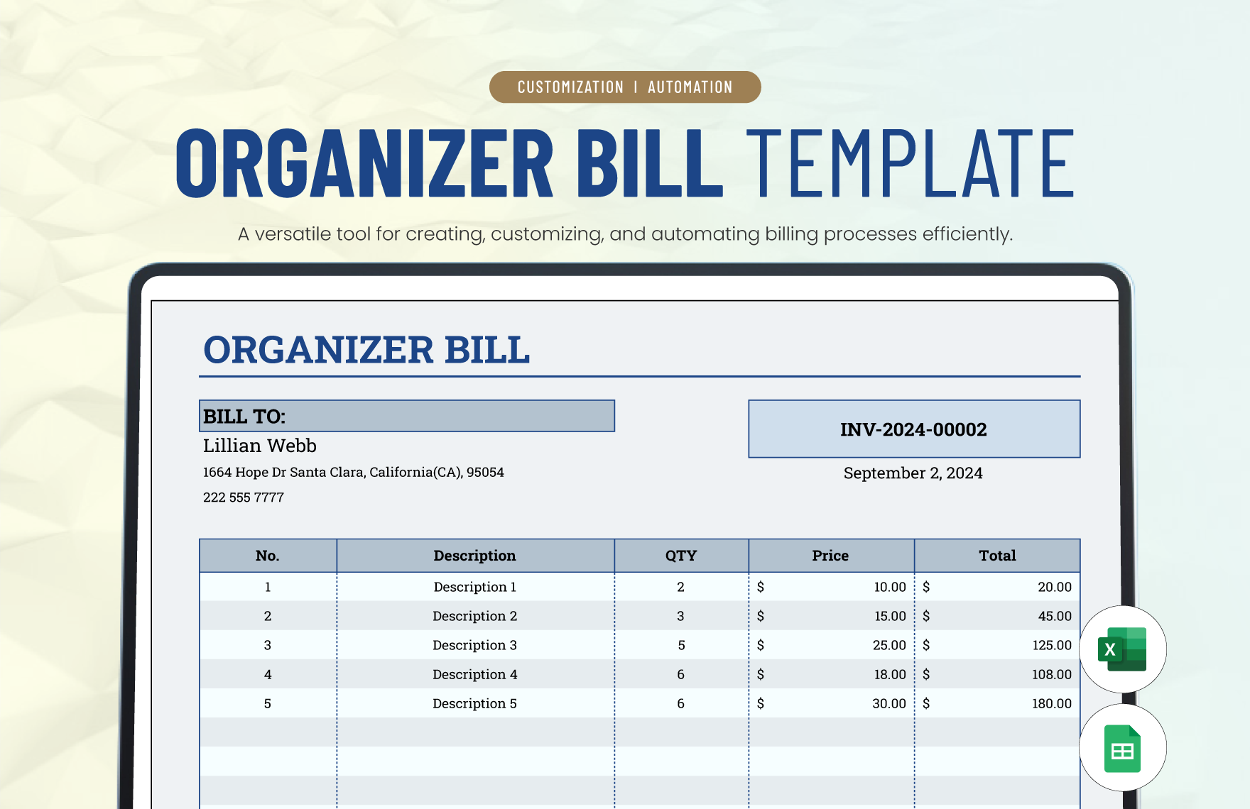 Organizer Bill Template in Excel, Google Sheets