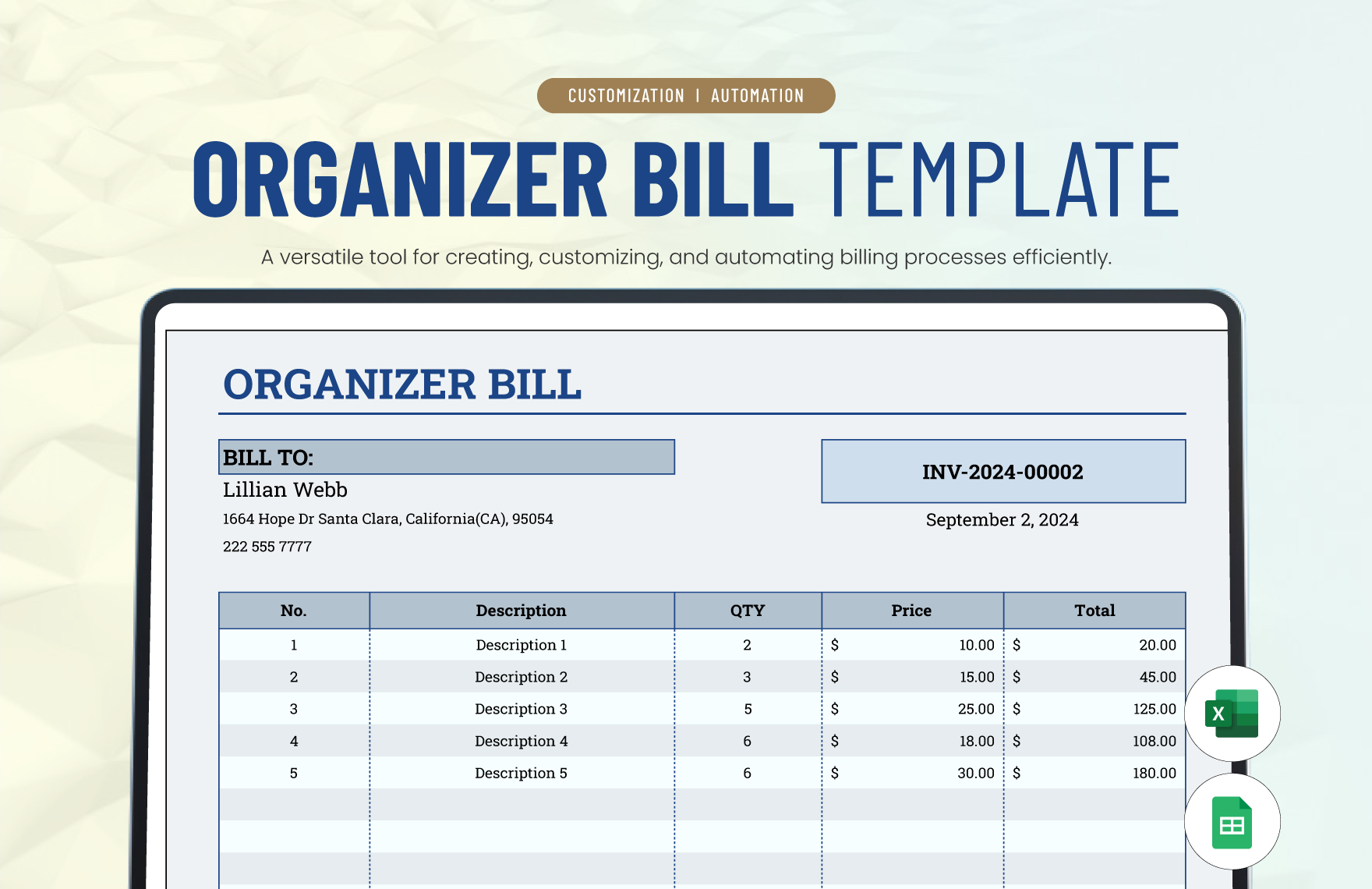 Organizer Bill Template in Excel, Google Sheets - Download | Template.net