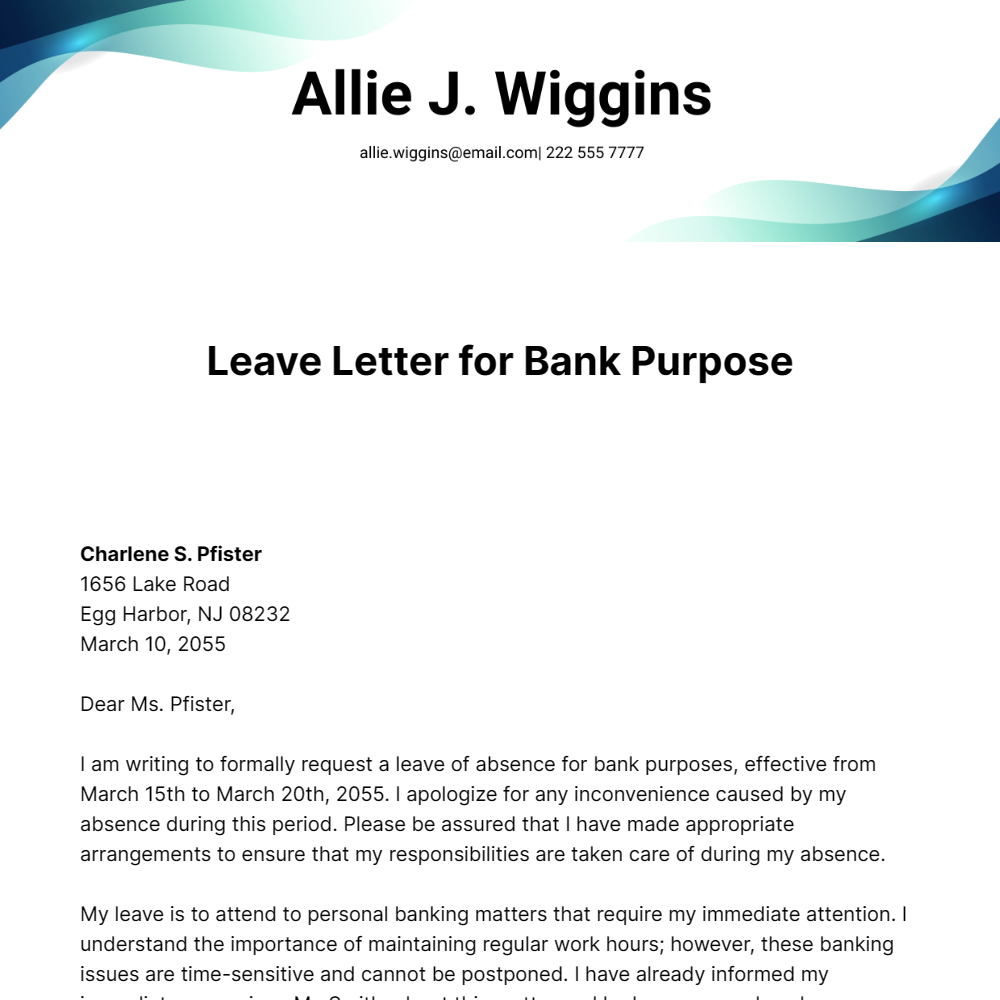 Leave Letter for Bank Purpose Template