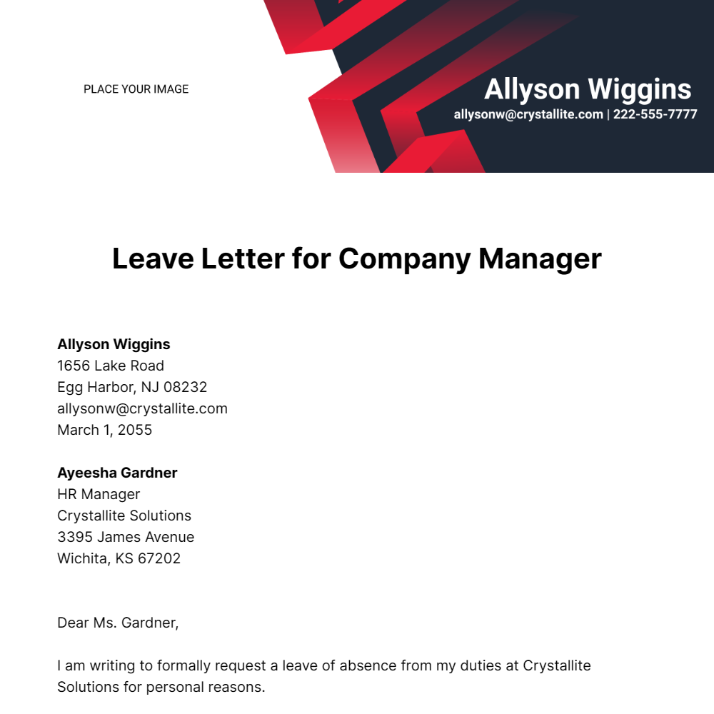 Leave Letter for Company Manager Template