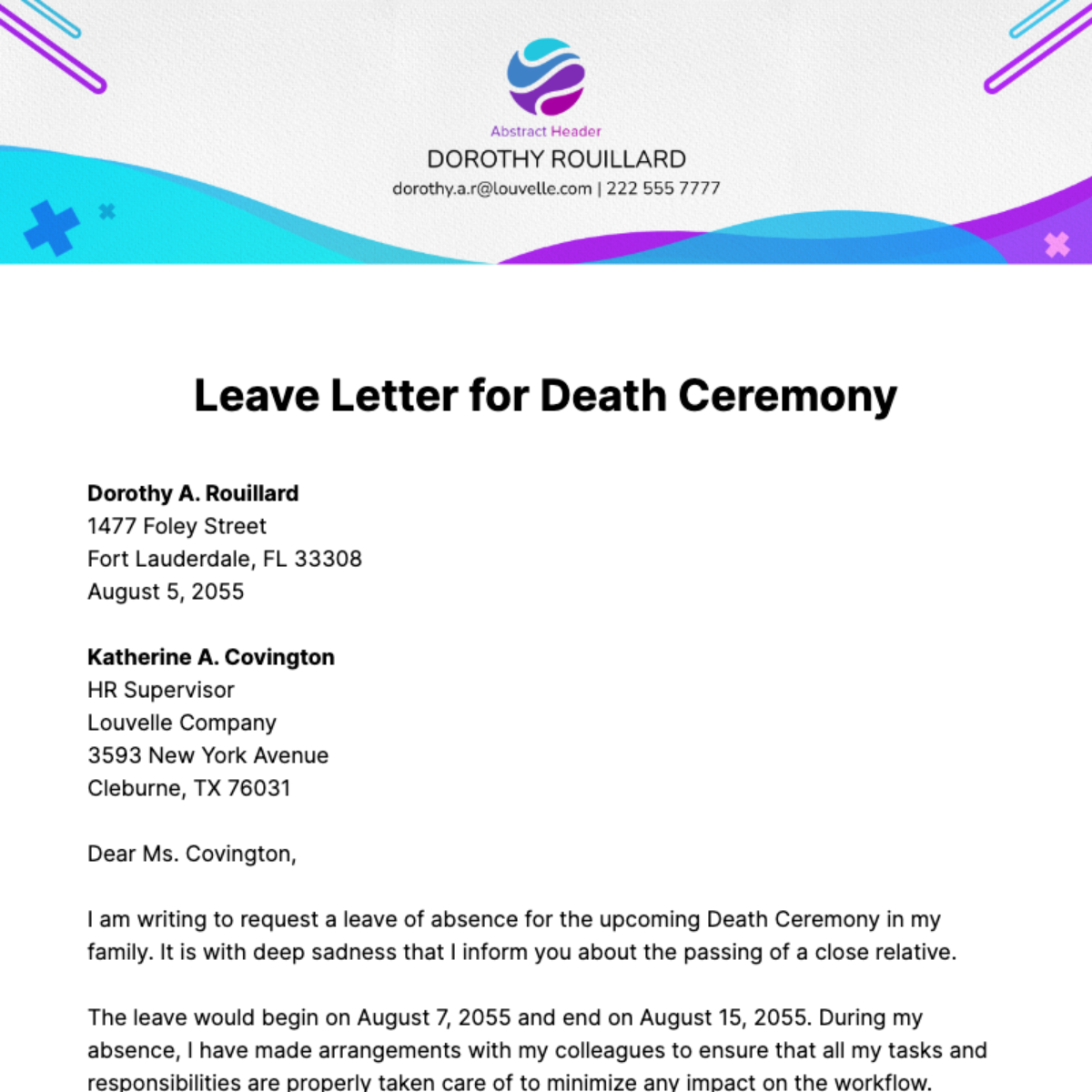 Leave Letter for Death Ceremony Template