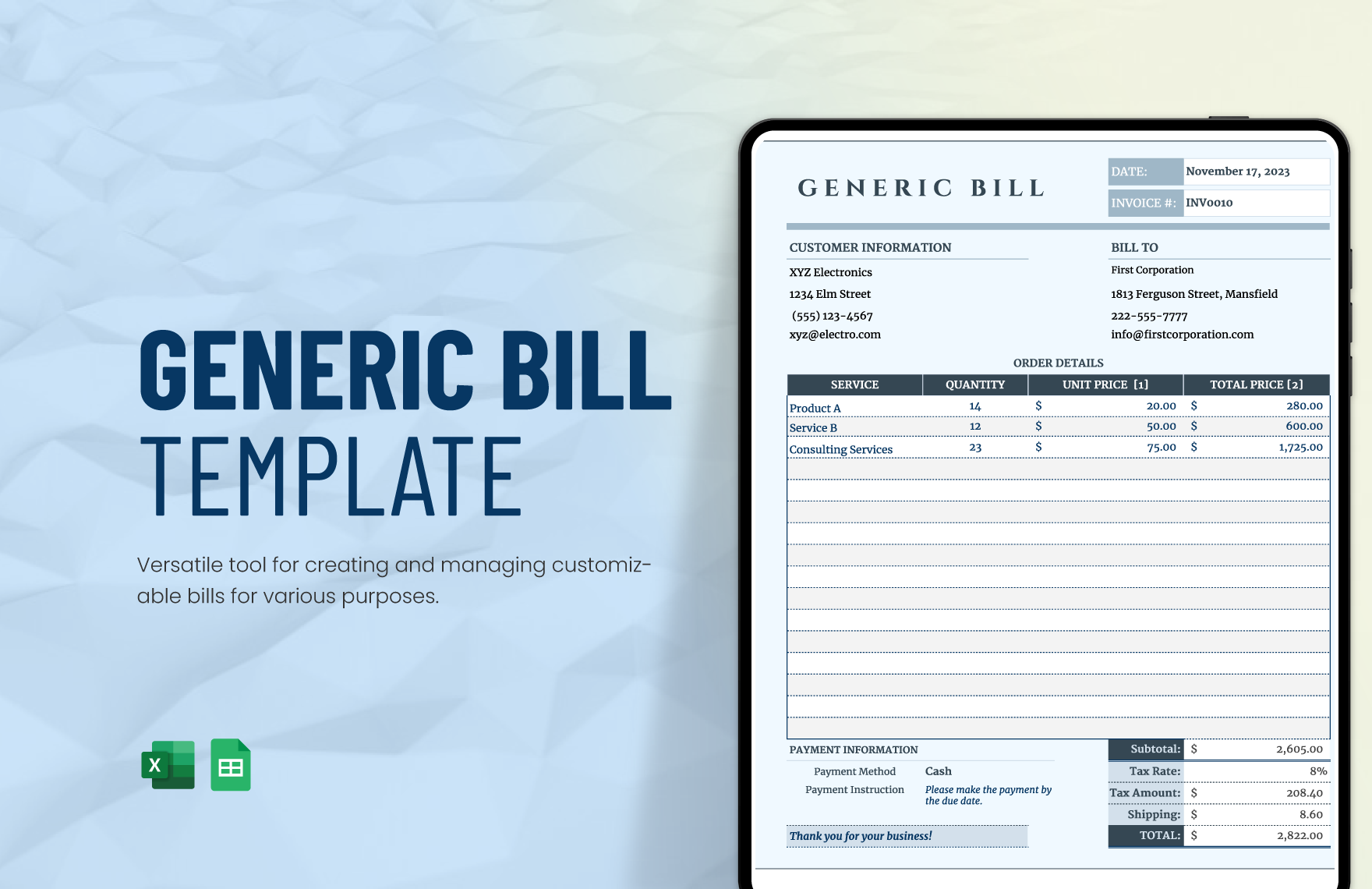 Free Generic Bill Template in Excel, Google Sheets