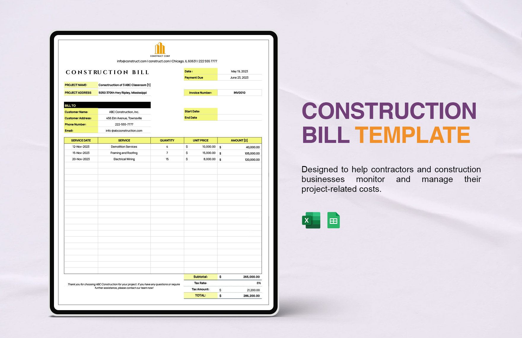 Construction Bill Template in Excel, Google Sheets