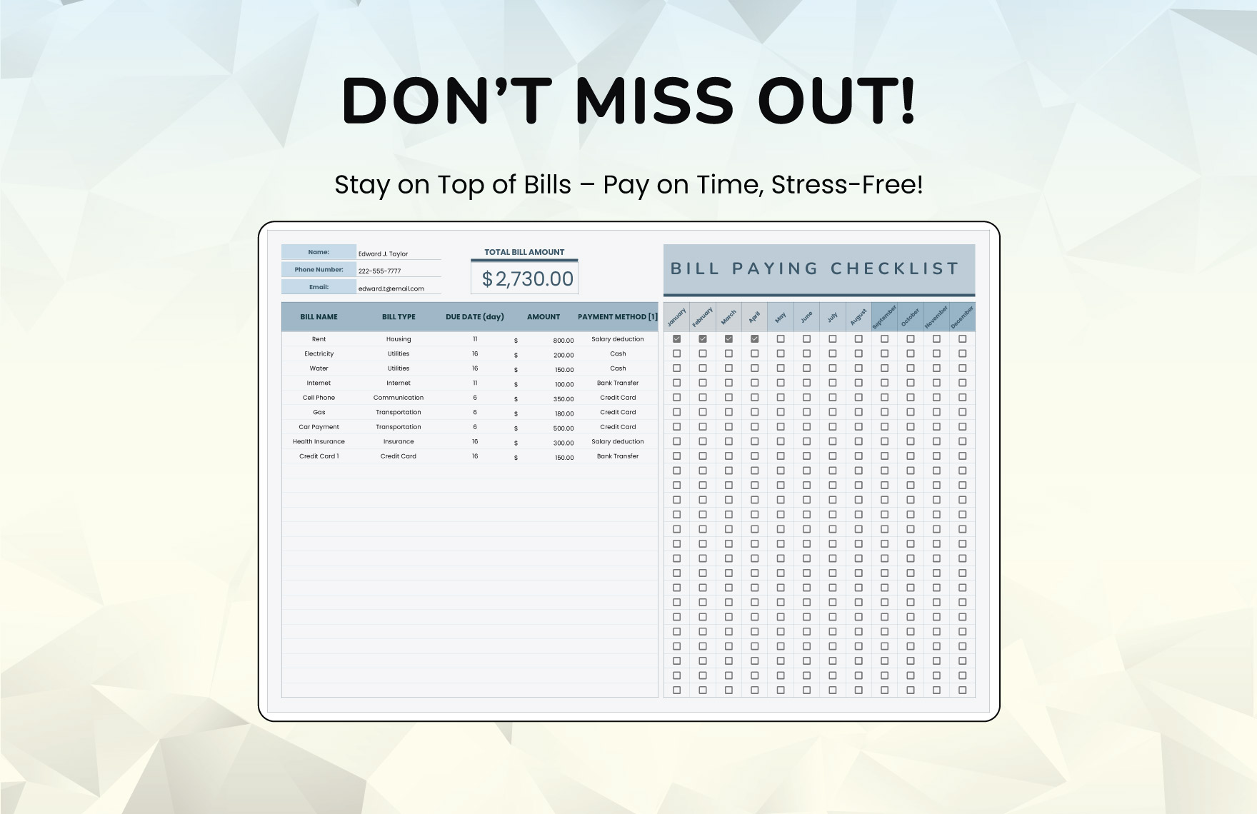 Bill Paying Checklist Template