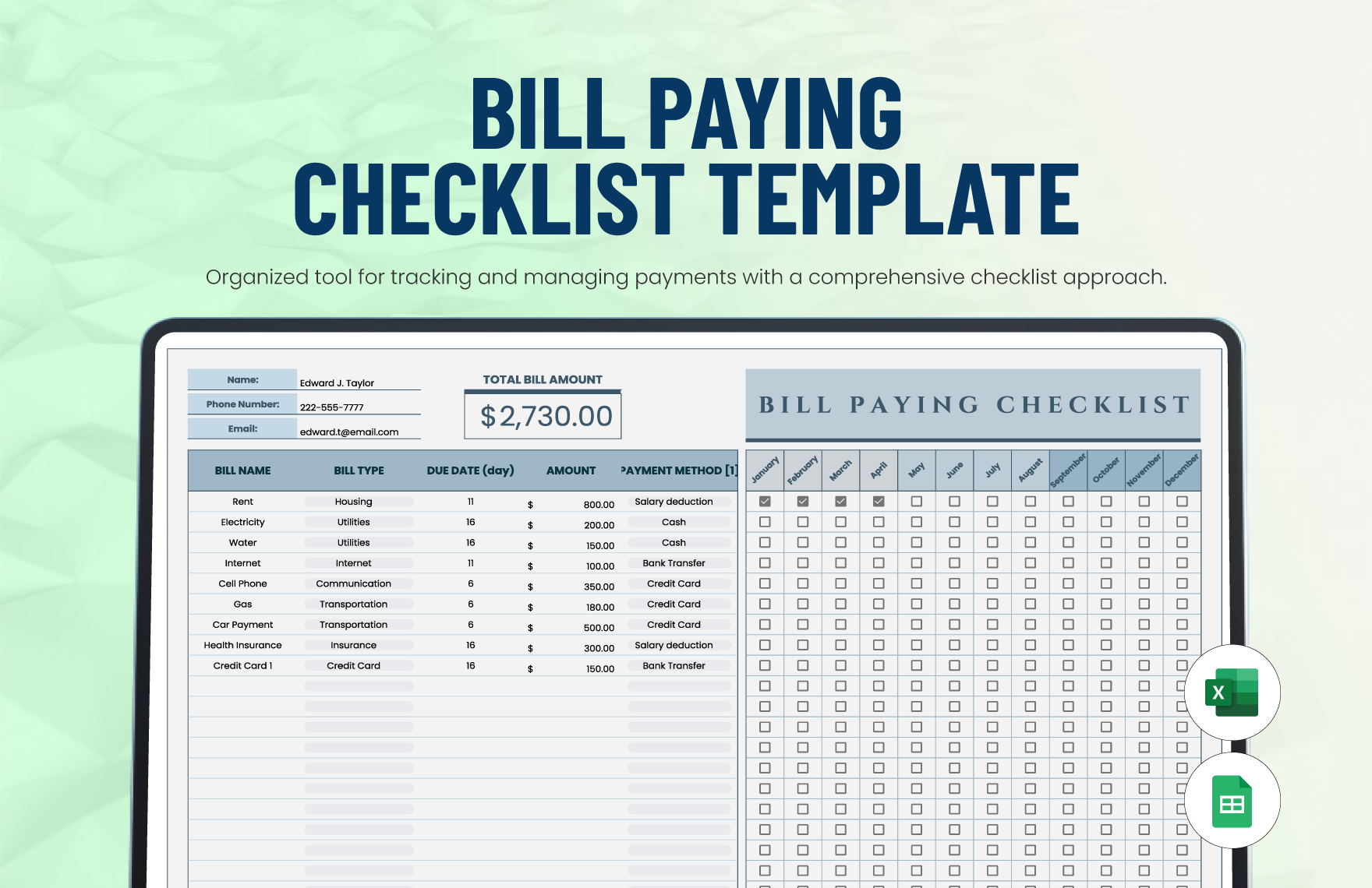 Free Bill Paying Checklist Template in Excel, Google Sheets