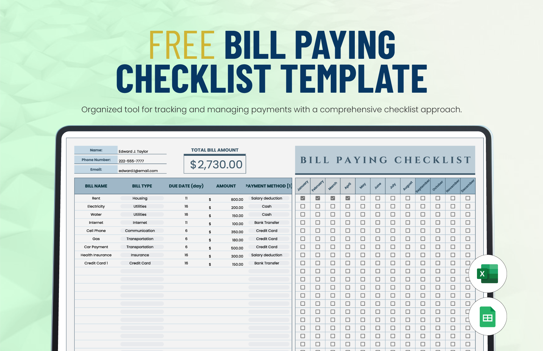 Free Printable Bill Checklist Template