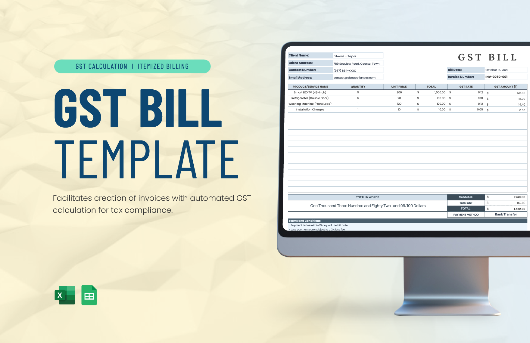 GST Bill Template in Excel, Google Sheets