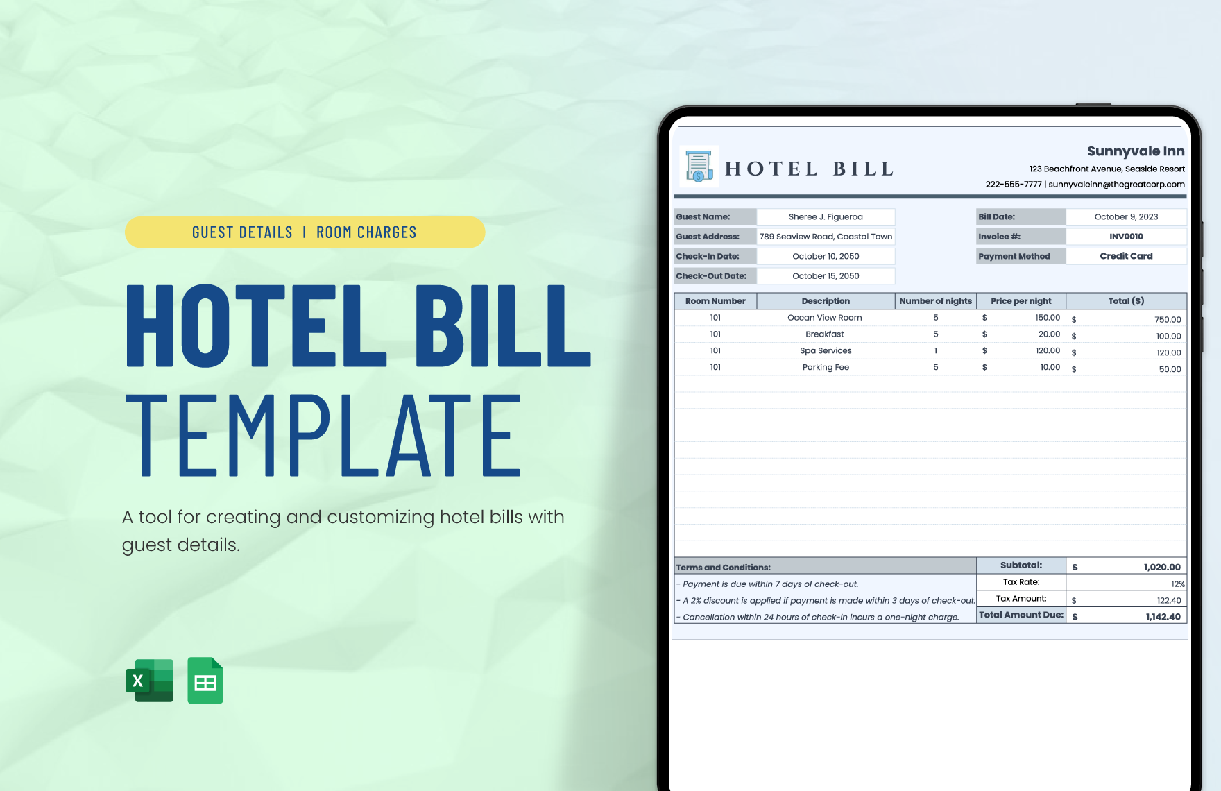 Hotel Bill Template in Excel, Google Sheets