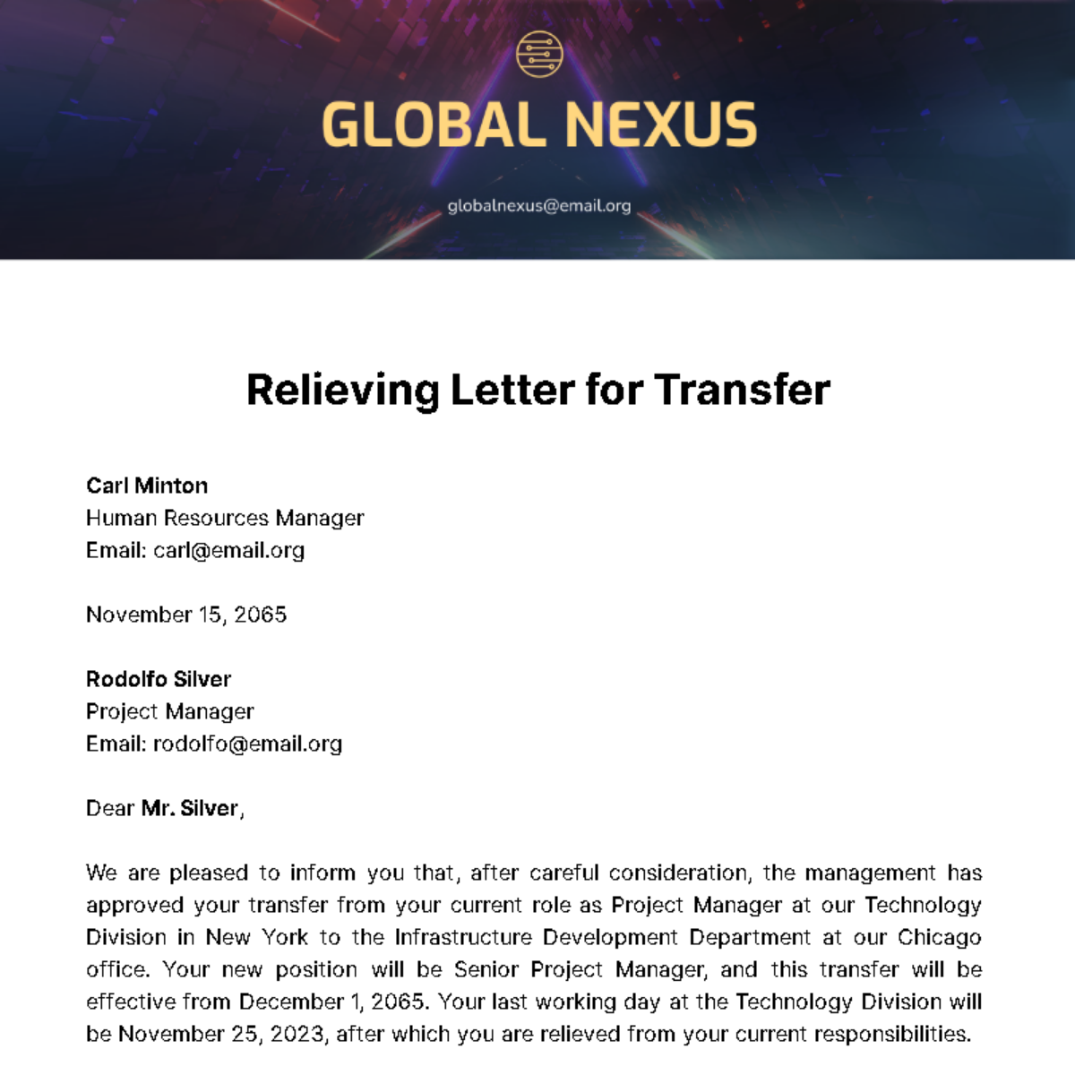 Relieving Letter for Transfer Template