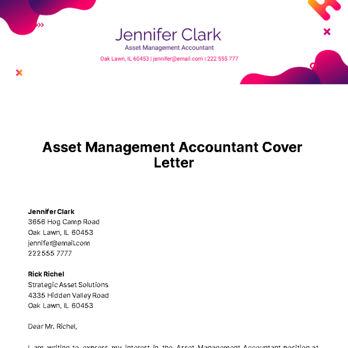 Asset Management Accountant Cover Letter Template