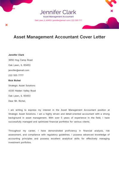 Free Asset Management Accountant Cover Letter Template to Edit Online
