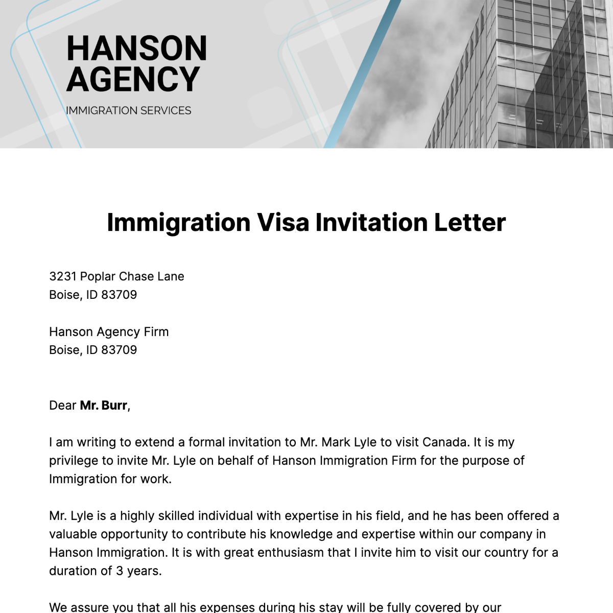 Immigration Visa Invitation Letter Template