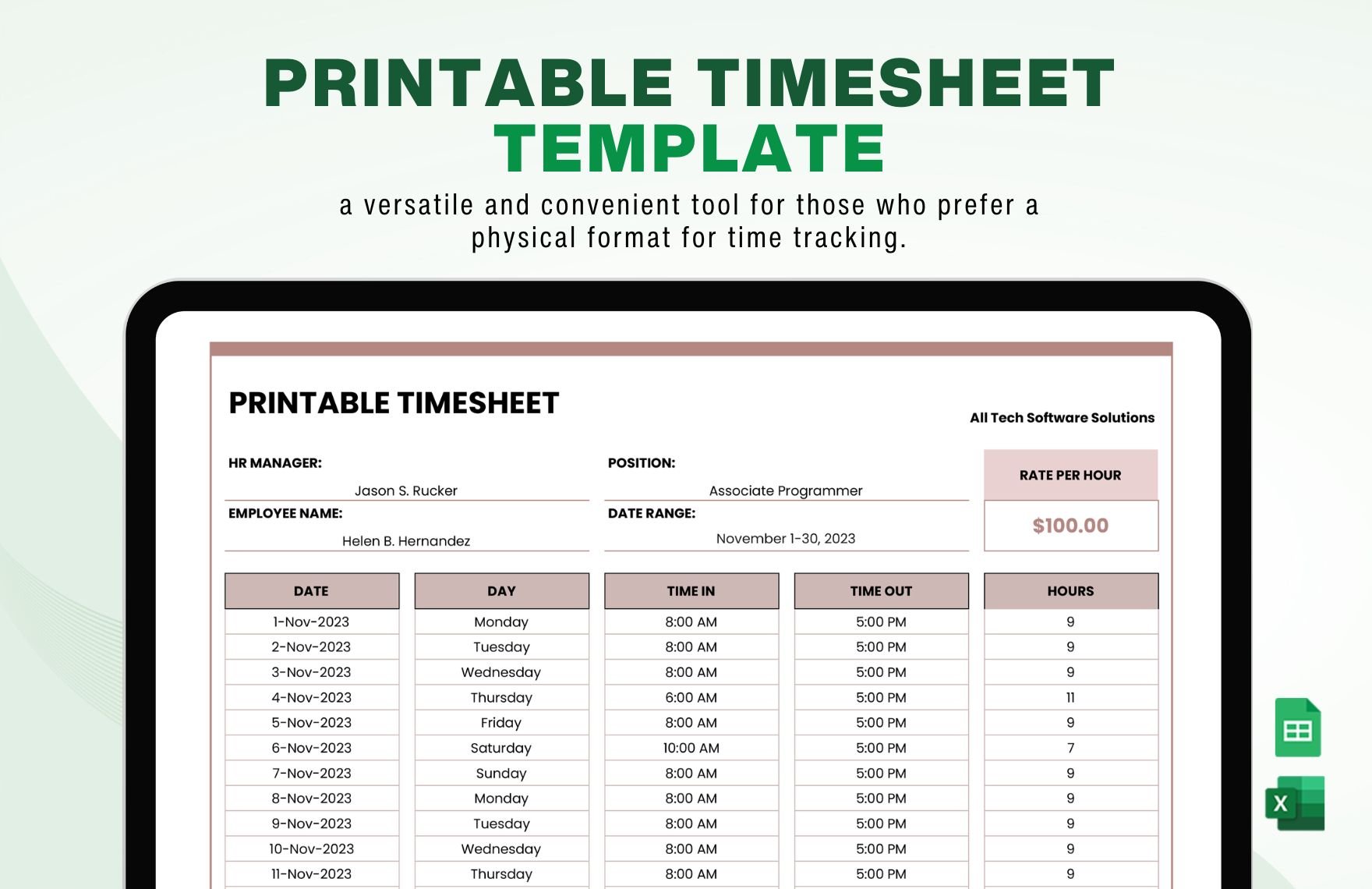Free Printable Timesheet Template in Excel, Google Sheets