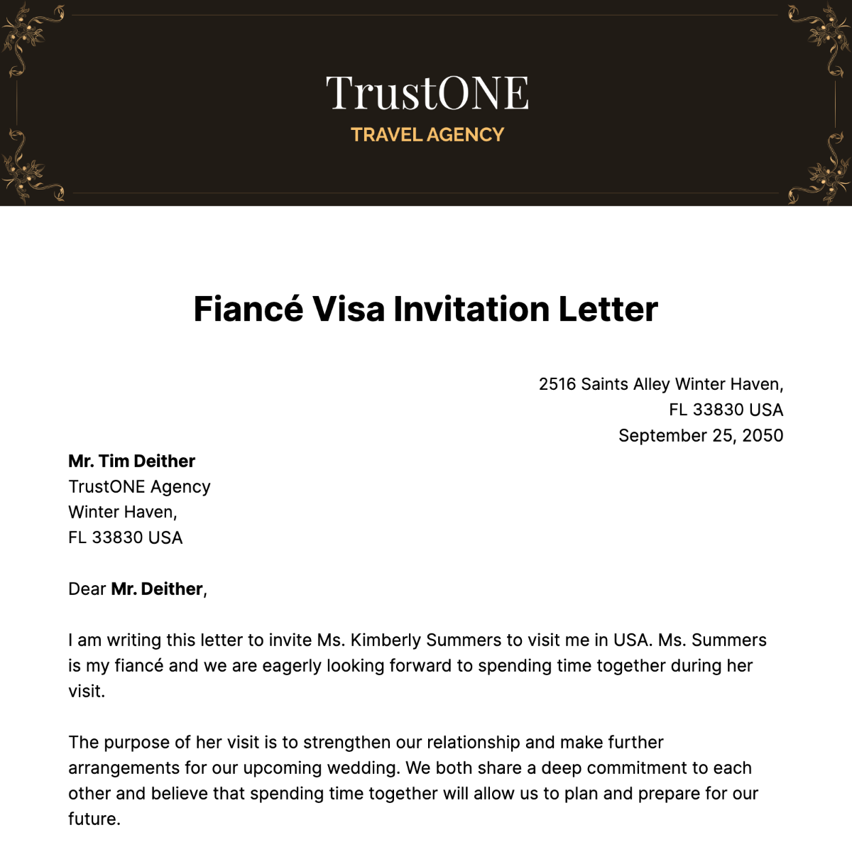 Fiancé Visa Invitation Letter  Template