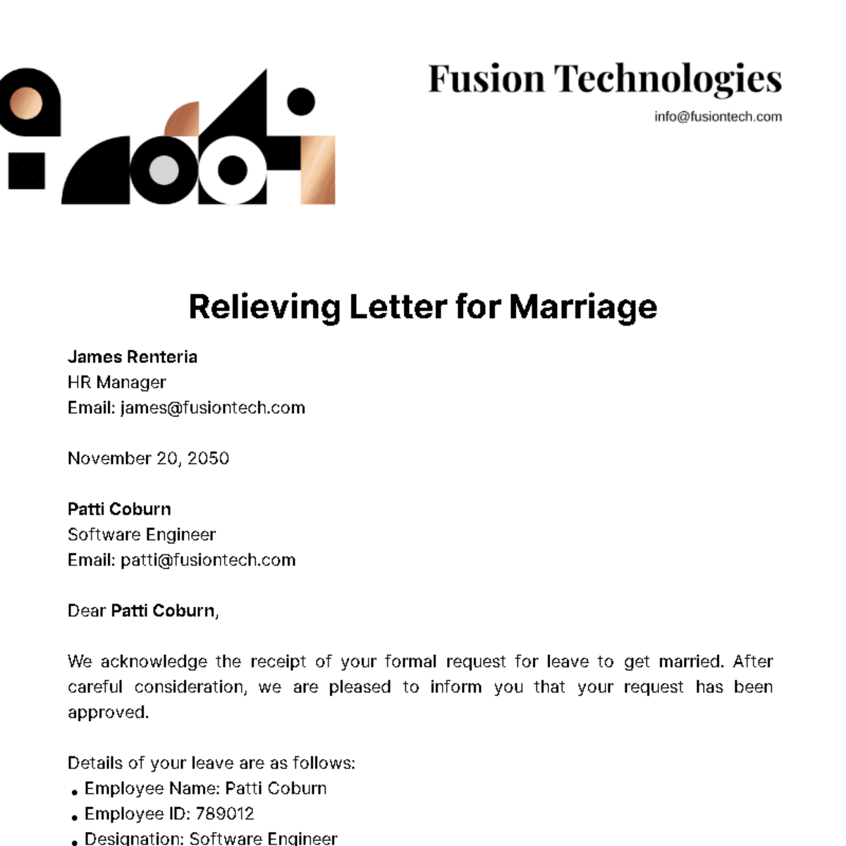 Relieving Letter for Marriage Template