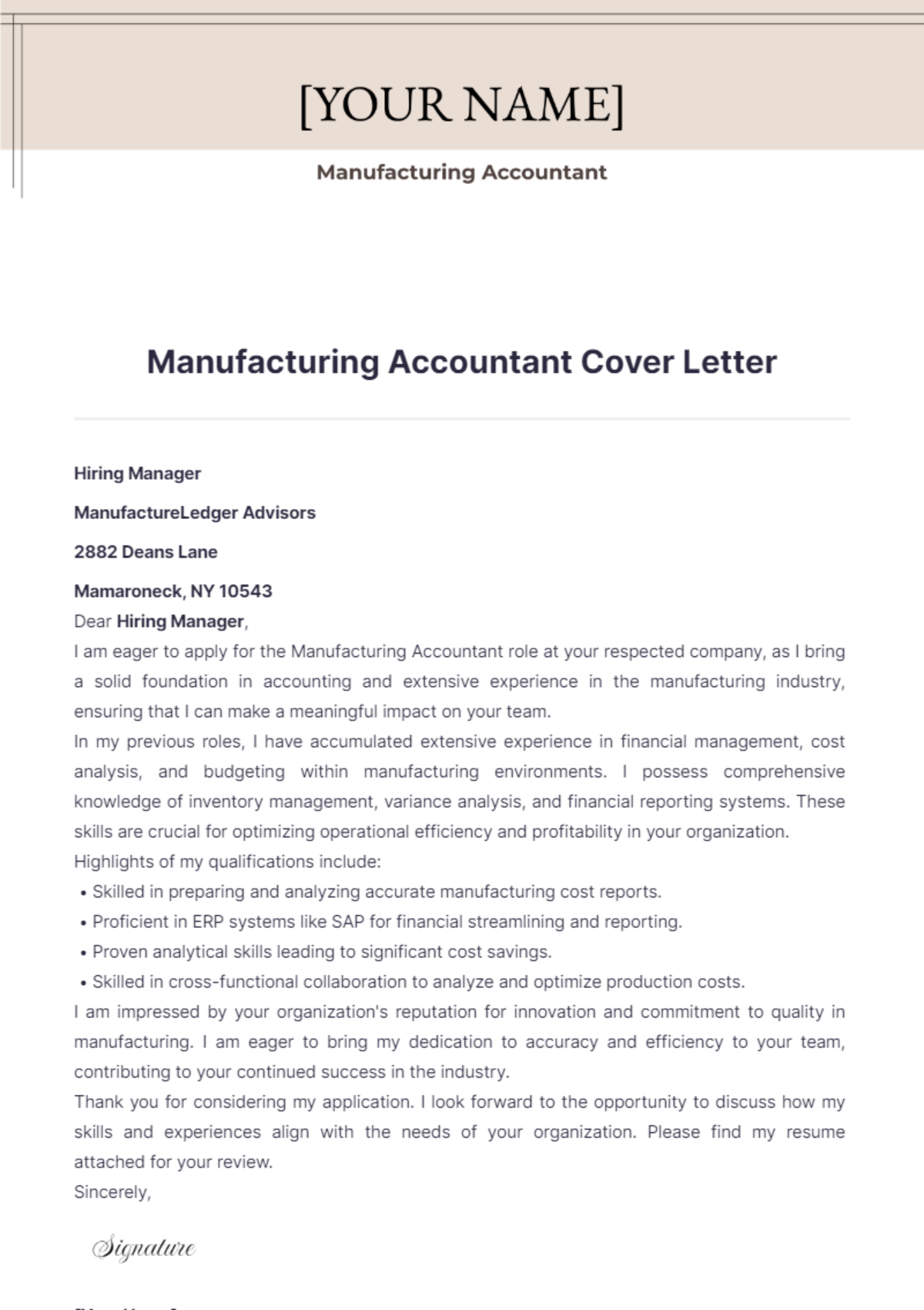 Manufacturing Accountant Cover Letter - Edit Online & Download