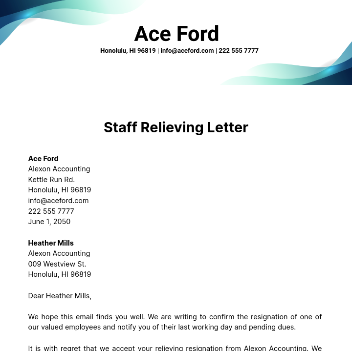 Staff Relieving Letter  Template