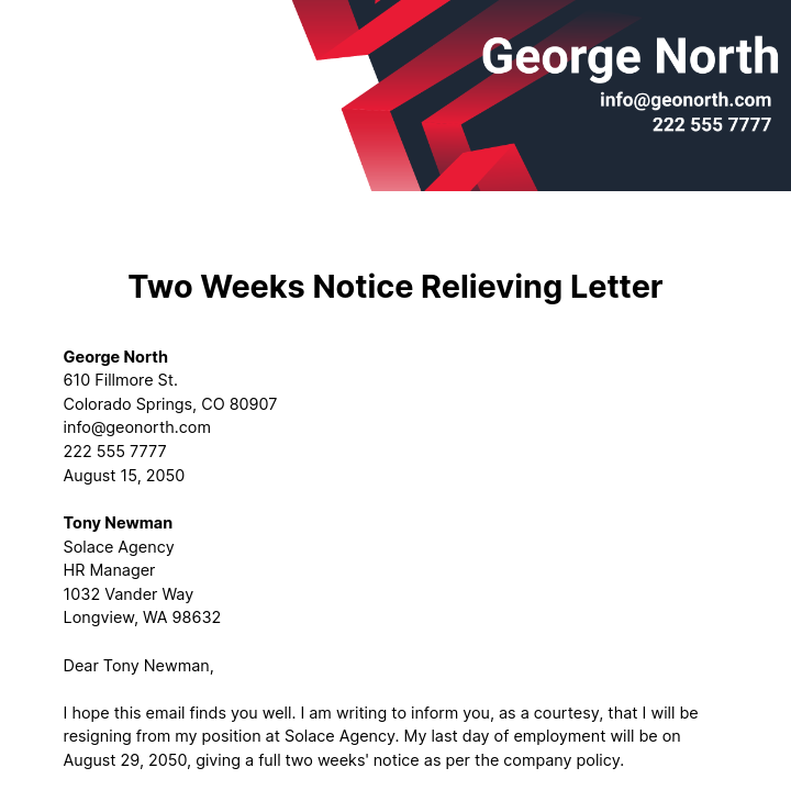 Two Weeks Notice Relieving Letter  Template