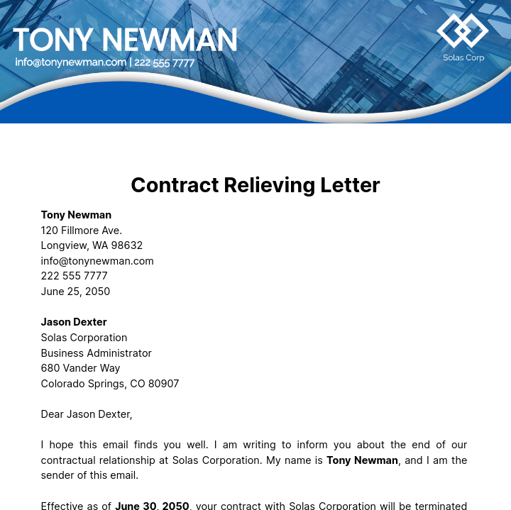 Contract Relieving Letter  Template