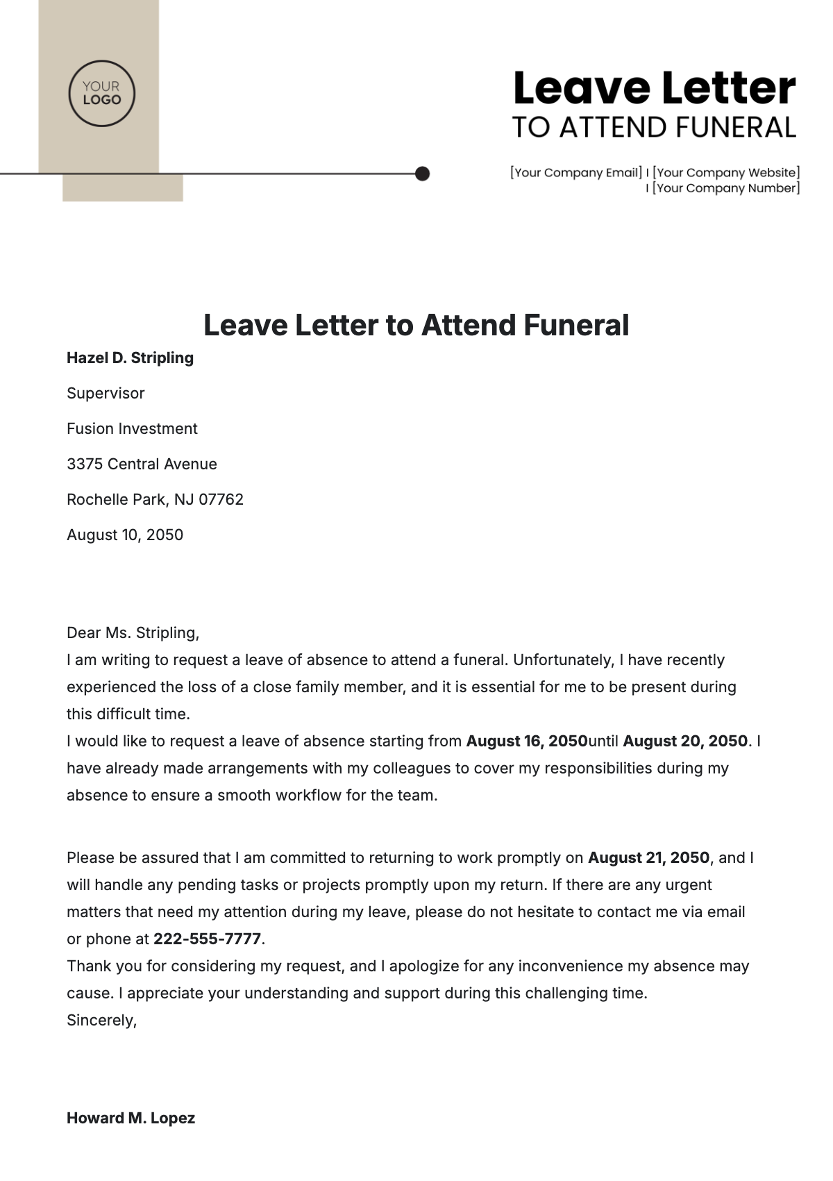 Leave Letter to Attend Funeral Template - Edit Online & Download