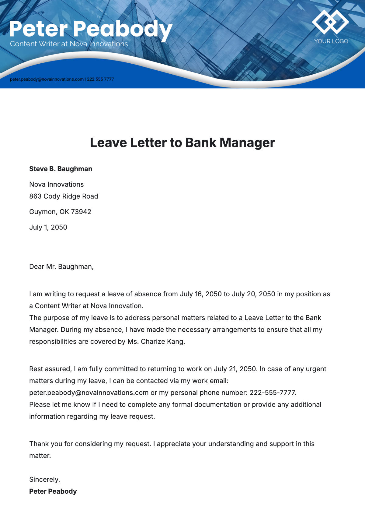 Leave Letter to Bank Manager Template - Edit Online & Download