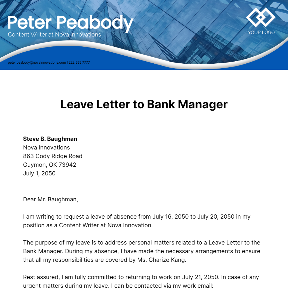 Leave Letter to Bank Manager Template