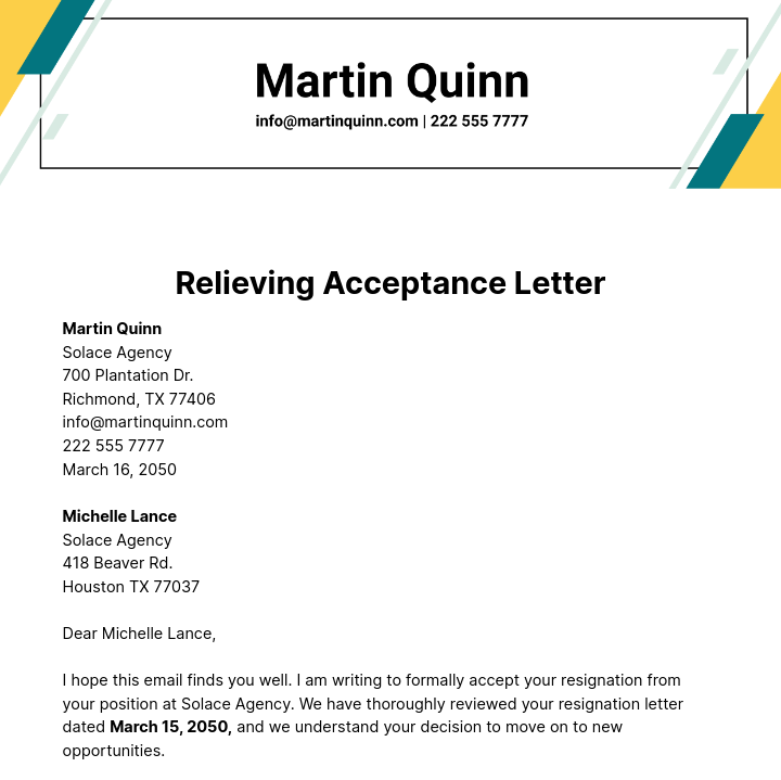 Relieving Acceptance Letter  Template