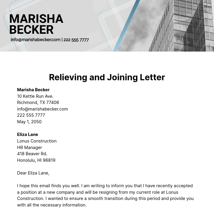 Relieving and Joining Letter  Template