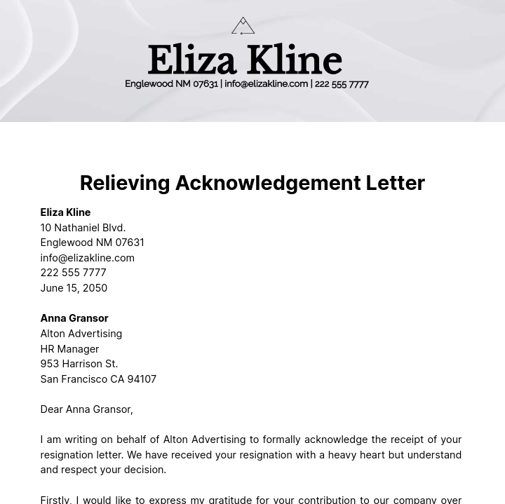 Relieving Acknowledgement Letter  Template