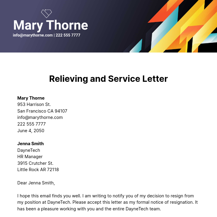 Relieving and Service Letter  Template