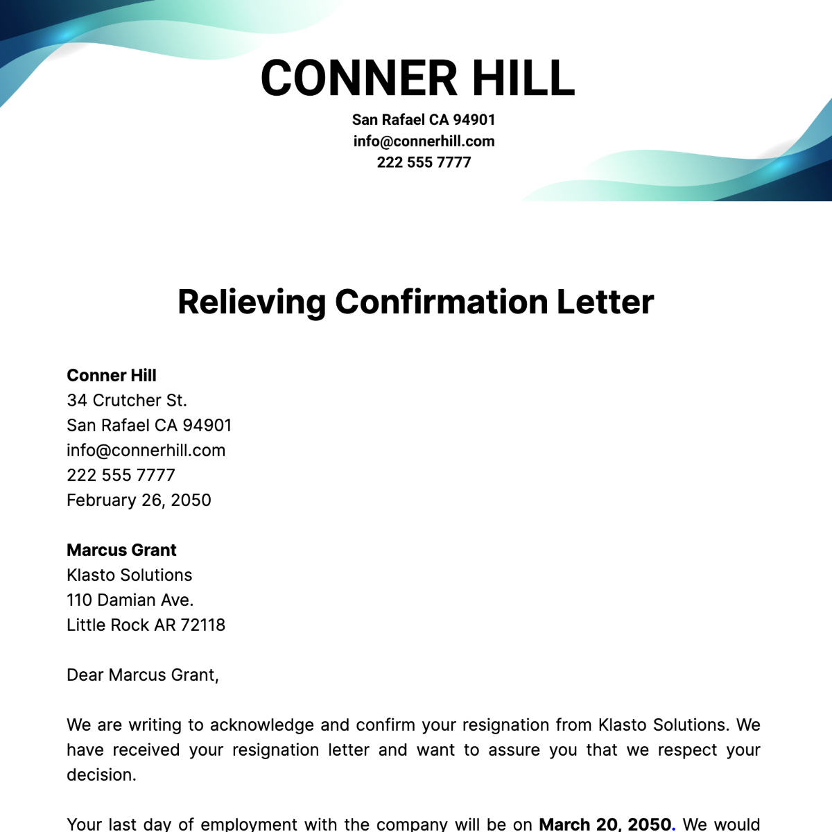 Relieving Confirmation Letter  Template